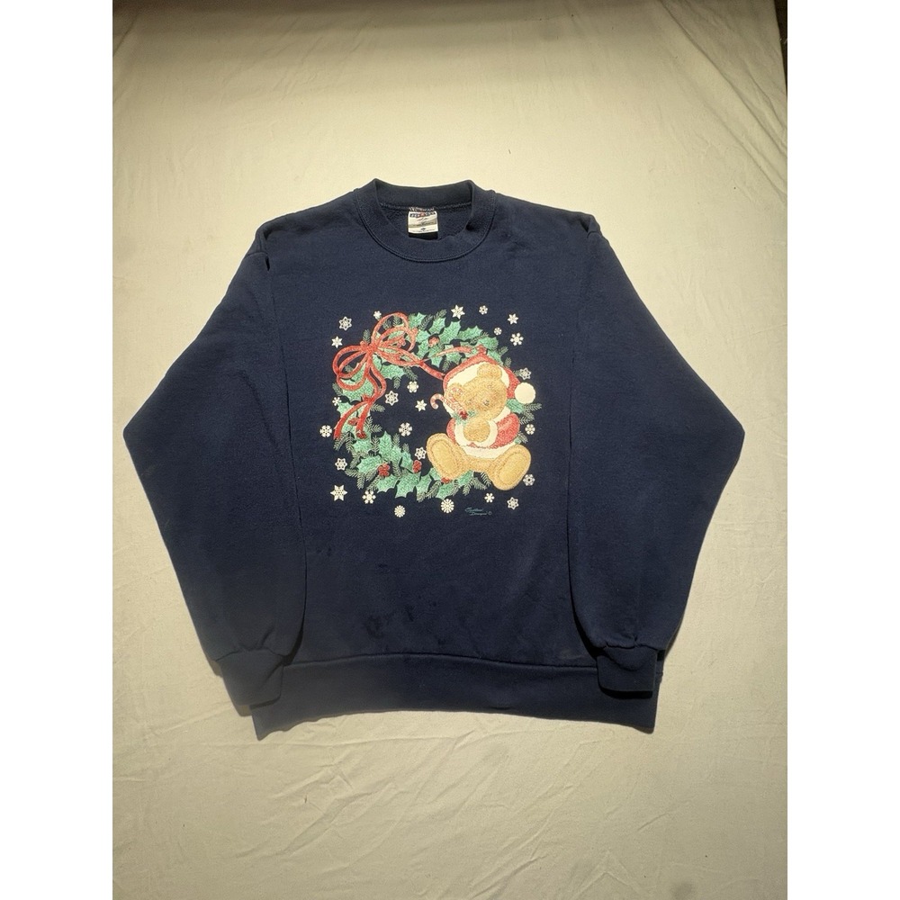 Vintage Jerzees Teddy Bear Santa Christmas Sweatshirt USA Made Large Navy